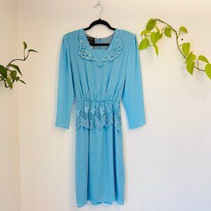 Vintage 70s Lady Colony Parkway Dress | Sky Blue Lace Trim | Made in Canada